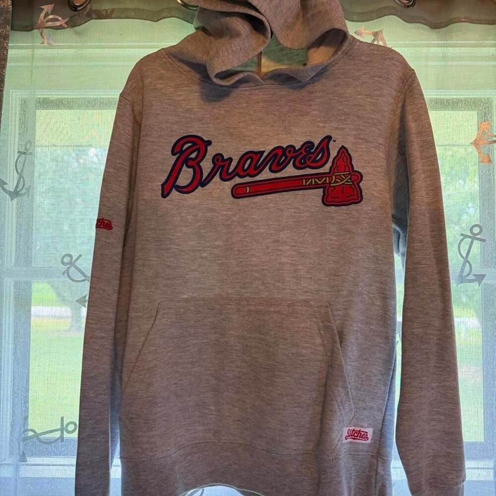 Stitches Atlanta Braves Youth Medium Gray Hoodie MLB Baseball Sweatshirt